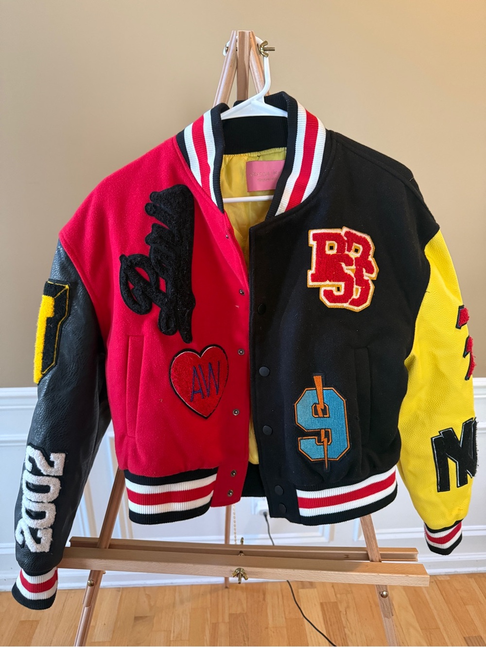 Colorblock Letterman Leather-Blend Jacket in Red, Black & Yellow